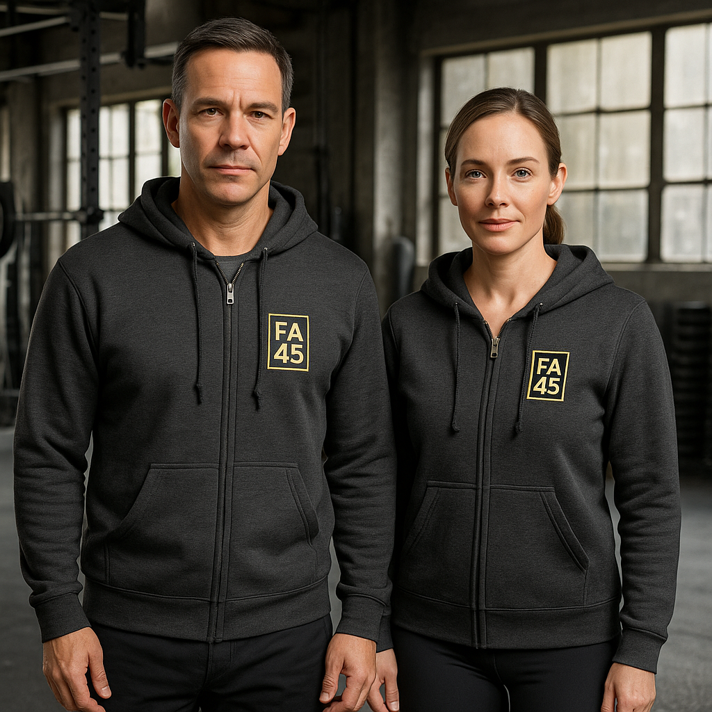 Fit After 45 Zip Hoodie — Minimal Athletic Chest Logo