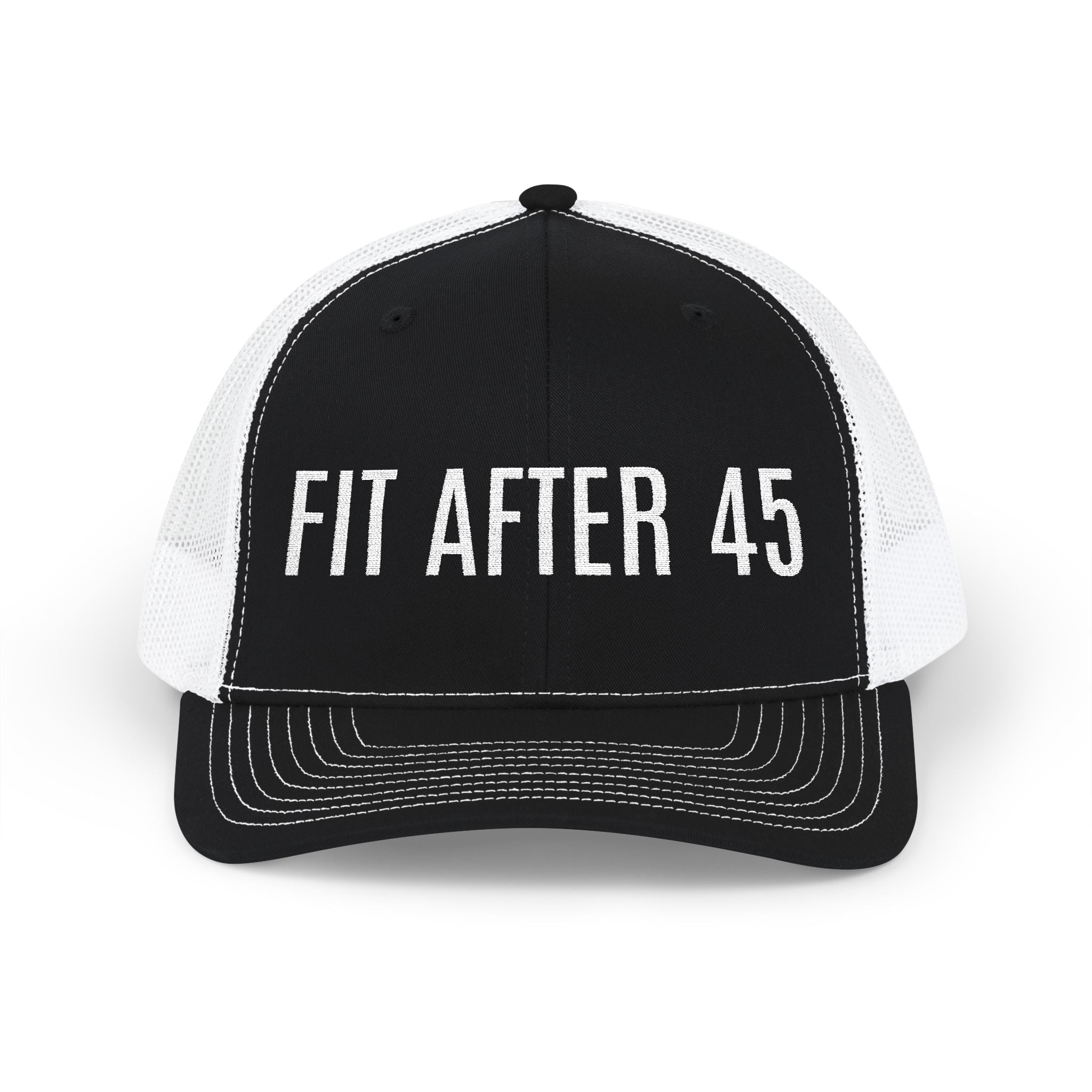 Fit After 45 Embroidered Trucker Cap – White Stitch