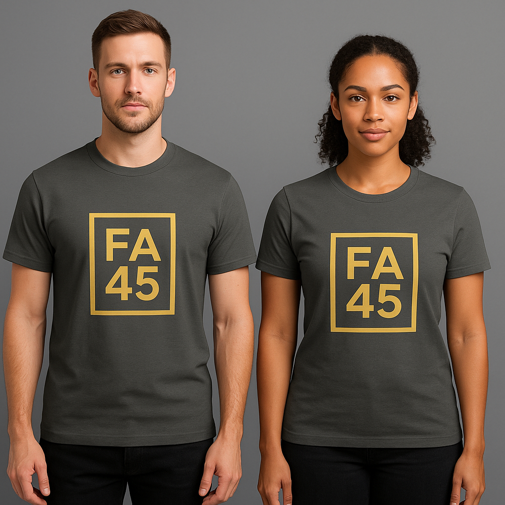 FA45 Logo T-Shirt — Minimalist Gold Box Graphic Tee