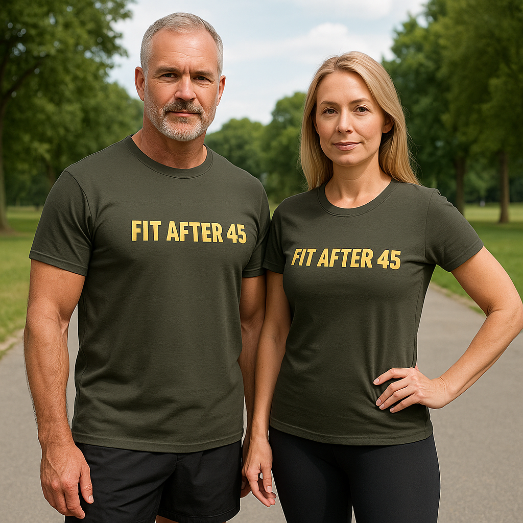 Fit After 45 Tee — Bold Front & Back Motivational Shirt