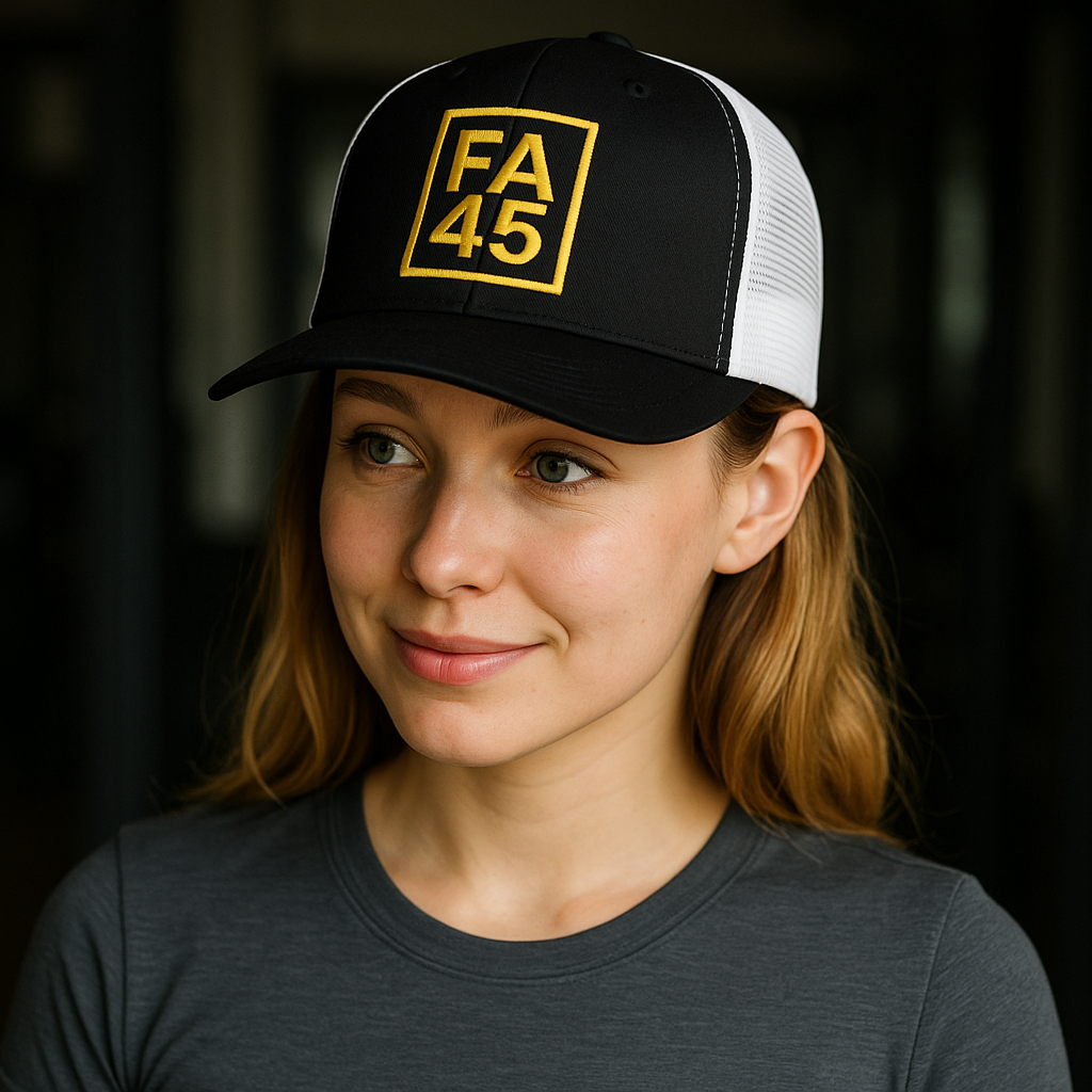 ⭐ FA45 Retro Trucker Hat – Black/White with Gold Logo