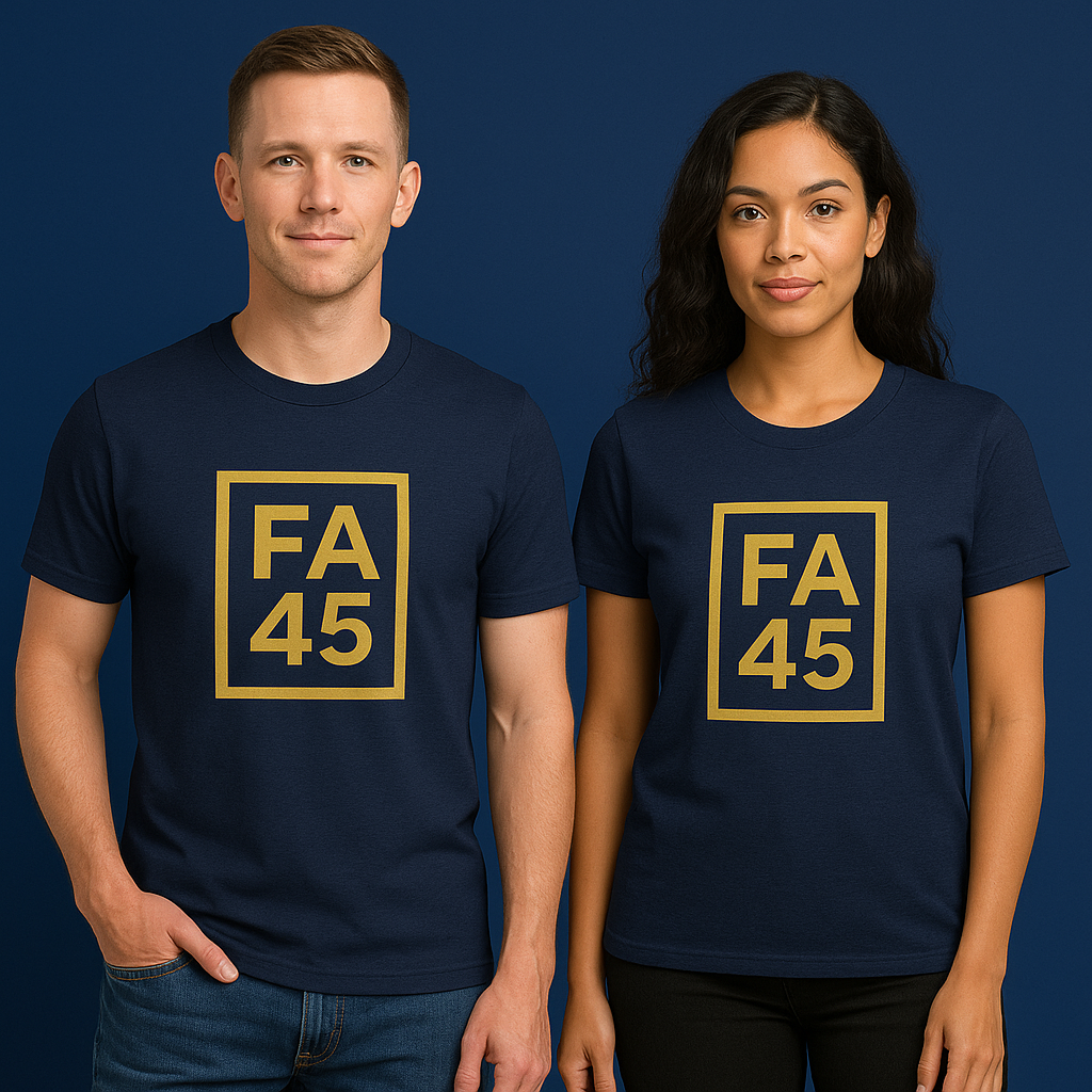 FA45 Logo T-Shirt — Minimalist Gold Box Graphic Tee