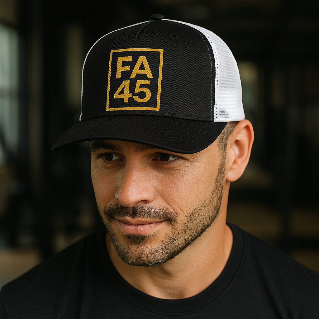 ⭐ FA45 Retro Trucker Hat – Black/White with Gold Logo