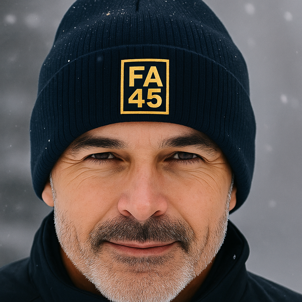 ⭐ FA45 Performance Beanie — Navy/Ecru with Gold Logo