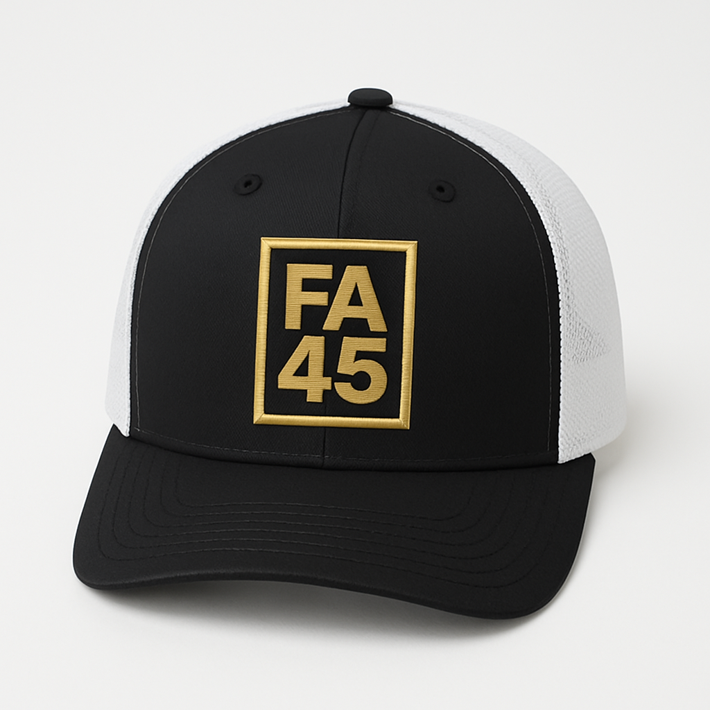 ⭐ FA45 Retro Trucker Hat – Black/White with Gold Logo